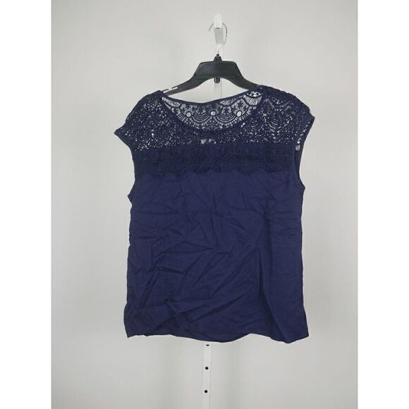 Suzanne Betro Women's Navy Lace Cap-Sleeve Top M - Picture 3 of 7